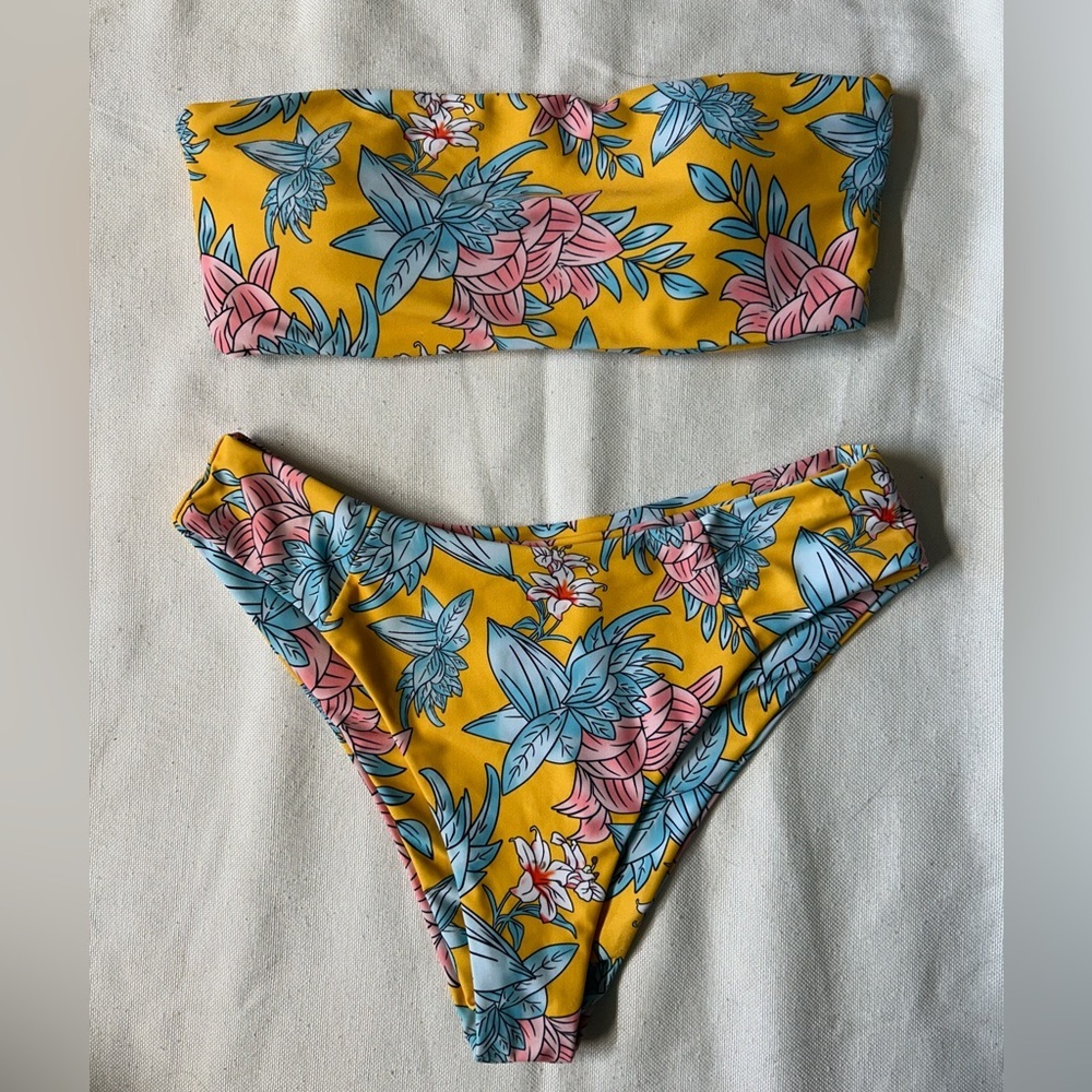 Zaful Bikini Set, Bandeau Top, High Waisted Bottoms, Cheeky, Yellow Floral, S
